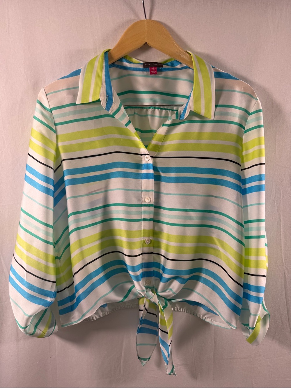 Vince Camuto Blue Green White Striped Tie-Front Button Shirt - Picture 2 of 3